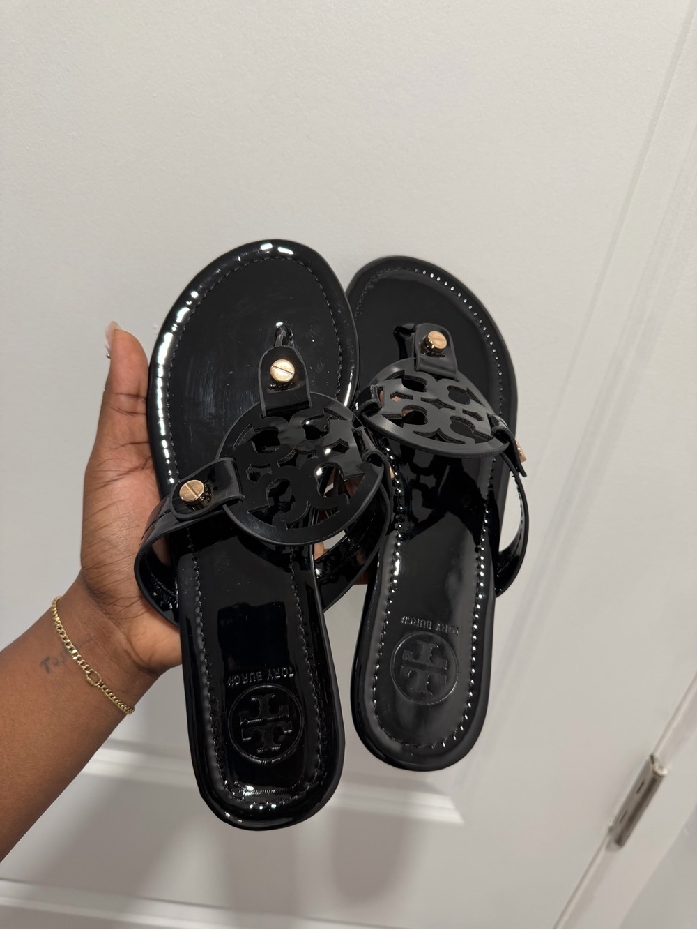 Tory Burch Black Patent Miller Logo Slide Sandals
